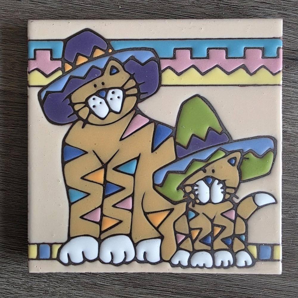 Vtg Earthtones Southwestern Sombrero Cats Amigos 6x6 inch Tile Decor USA